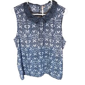 Lauren Conrad Top Blouse sleeveless lace collar Size XL ties butterfly print